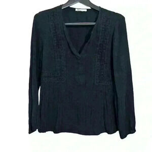 DR2 Blouse with Lace Details Long Sleeve V Neck Black Size L